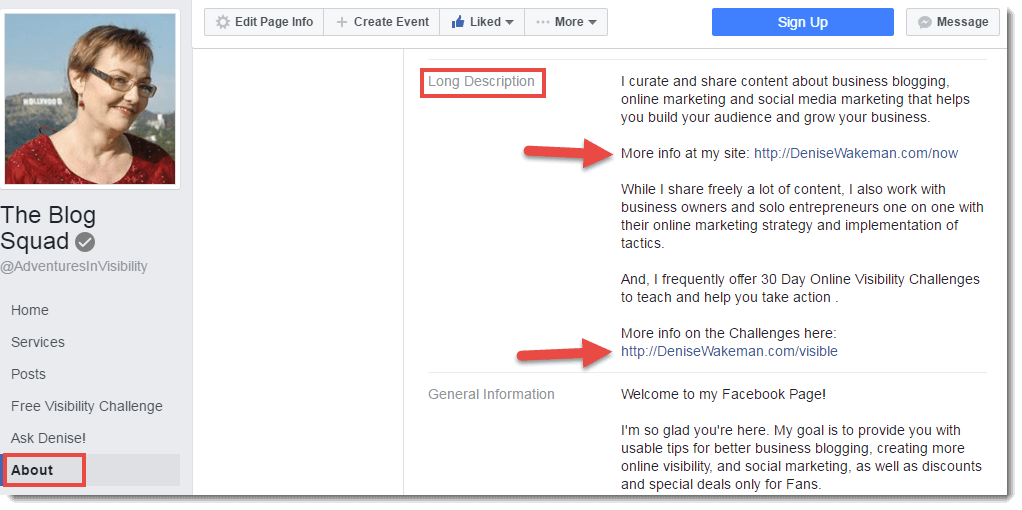 Facebook Page About Section Use Live Links